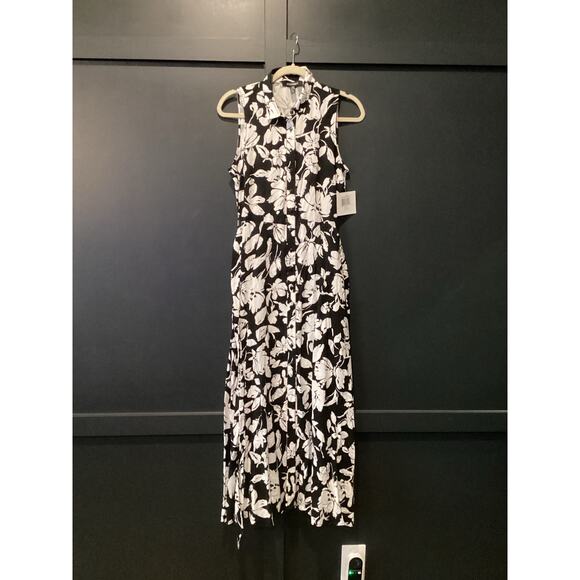 Ellen Tracy Sleeveless midi Shirt Dress Self Tie Sash black white floral blossom - Picture 2 of 12